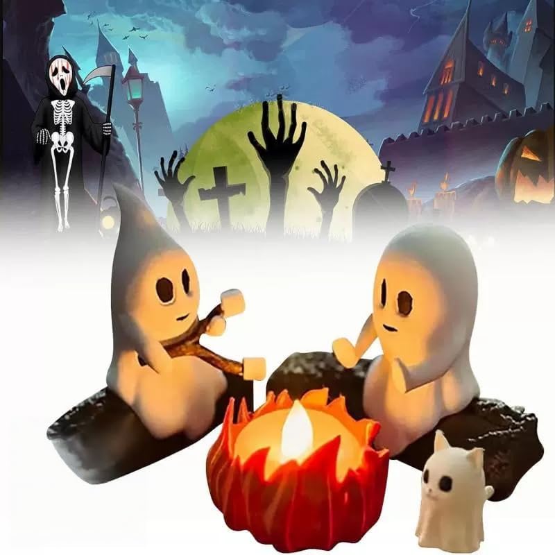 EHOTER Ghost Campfire Flickering Night Light Ghost Campfire Gathering Funny Halloween Nightlight Decor 2 Ghosts Roasting Marshmallows at Campfire 3D Spooky Fire Marshmallow Night Light (Cat)