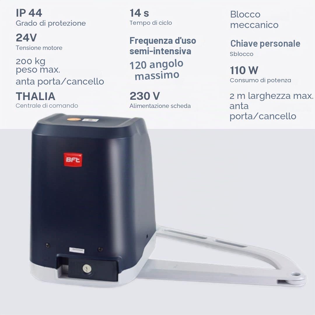 BFT Virgo SMART BT A20 - Attuatore per cancello a battente a doppio battente automatico per cancello automatico max. 4 m o 400 kg per ala con 3 telecomandi