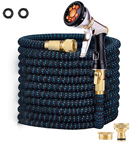 Tuyau d'arrosage Extensible, ICONNTECHS 15M/50FT Tuyau Rétractable Raccords de 3/4" et 1/2" en Laiton Massif Flexible Tuyau d'eau avec Vanne d'arrêt Buse de Pulvérisation en Métal à 9 Fonctions