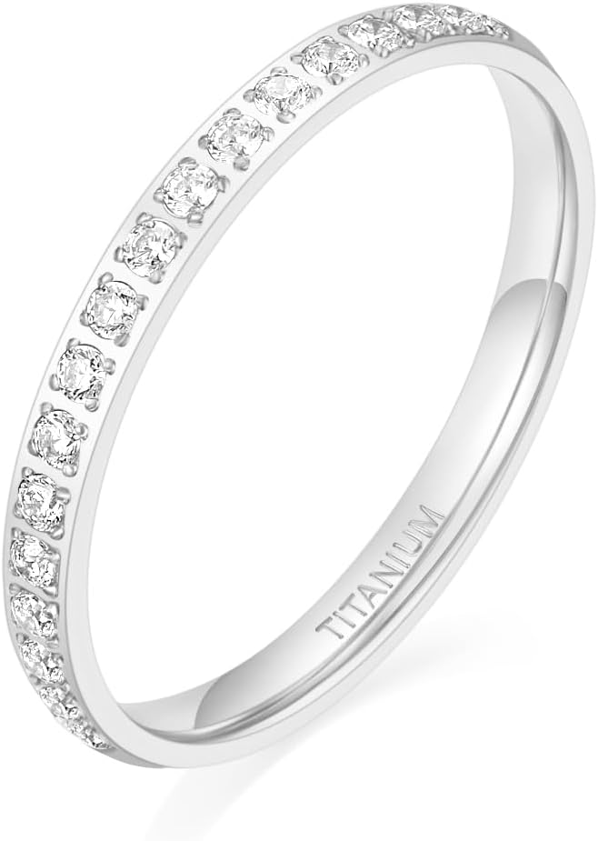 TIGRADE 2mm Women Titanium Eternity Ring Half Cubic Zirconia Anniversary Wedding Engagement Band