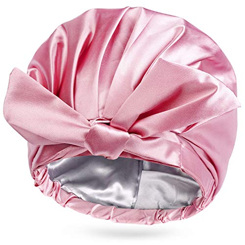 Shower Cap, INNELO Silky Satin Lined Shower Cap with Waterproof Nylon Out Layer, Adjustable Shower Cap Reusable Shower Cap Large Bath Hair Cap Shower Hat for Women Long Hair Pink