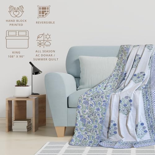 Image of TOAIArt Premium Jaipuri Dohar | AC Blanket Summer Quilt | Hand Block Printed | 3 Layers | Reversible | 150GSM 100% Mulmul Cotton | 100% Cotton Flannel Filling |King 108 inch X 90 inch | Mughal Motif