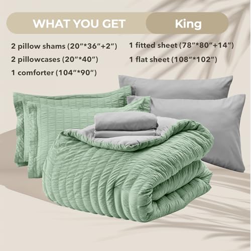 Image of HYMOKEGE Sage Green /Light Grey King Size Comforter Set Seersucker 7 Pieces, All Season Luxury Bed in a Bag for Bedroom, Bedding Set with Comforter, Sheets, Pillowcases & Shams