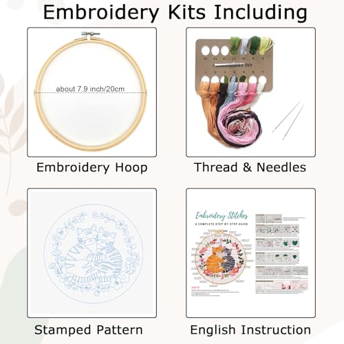 Image of Nuberlic Cat Embroidery Kit for Beginners, DIY Cross Stitch Starter Kit Including Cloth with Pattern, Embroidery Hoop, Needles Instructions and Threads for Adults