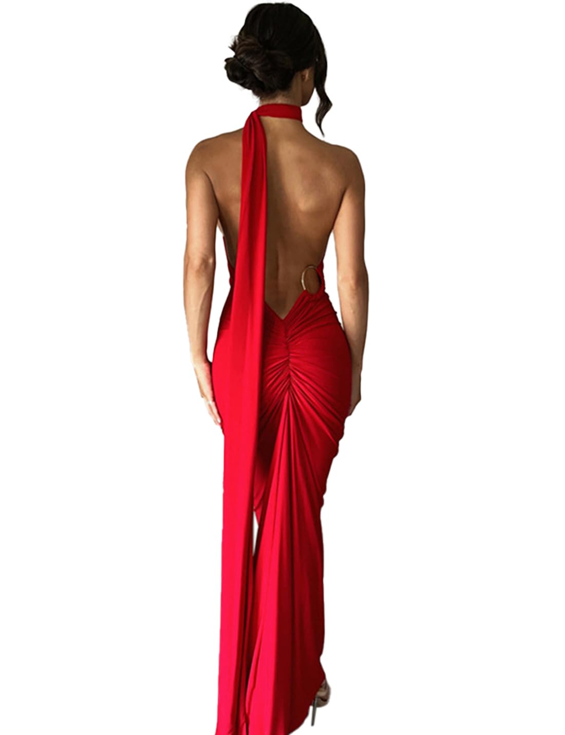 ROFUSSO Mujeres Sexy Maxi Vestido Sin Espalda Elegante Vestido De Un Hombro Cuello Halter Vestido De Noche Sin Mangas Vestido De Cóctel para Invitadas De Boda