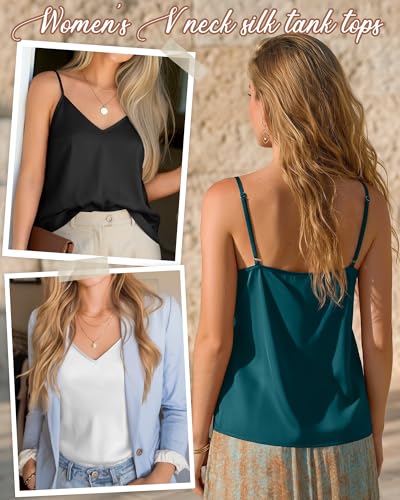 Image of 3 Pack Women's Silk Satin Camisoles V Neck Tank Tops | 95% Polyester, 5% Spandex, Adjustable Spaghetti Strap, Loose Blouse, Daily Wear, Sleeveless, Classic V Neck