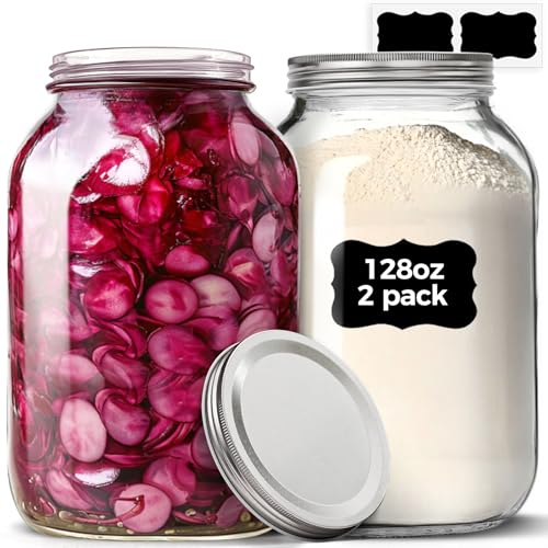 Image of ComSaf 1 Gallon Wide Mouth Mason Jars 2 Pcs, 128 oz Glass Jars with Lids, Flour Sugar Storage Containers, Large Glass Containers for Pickles, Fermented Food, Sourdough Starter, Food Storage