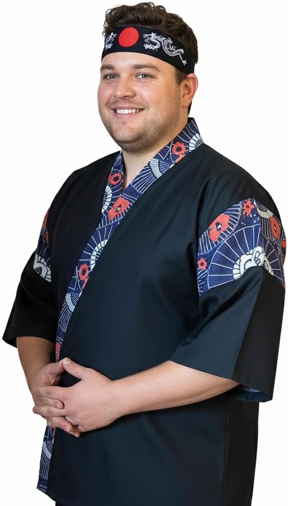 Japanese Sushi Restaurant Chef Coat Uniforms, 3/4 Sleeve Kimono Floral Workwear Jacket with Dragon Black Headband