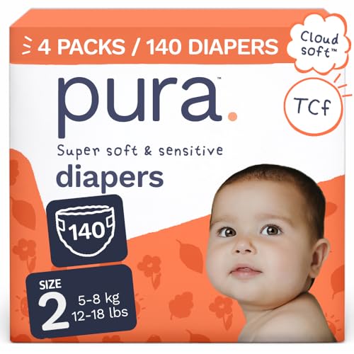 Image of Pura Baby Diapers Size 2-140 Count, 12-18lbs, 12hr Leak Protection, Soft & Gentle Diapers for Hypoallergenic & Sensitive Baby Skin, Toxin-Free*, Organic Cotton, Blowout Blocker, Wetness Indicator