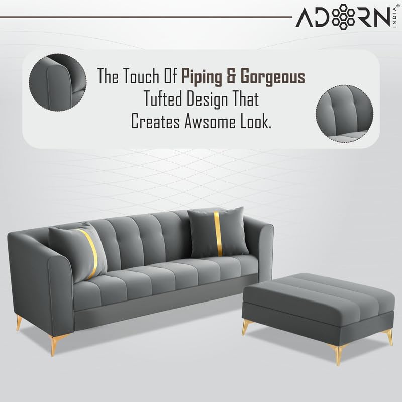 Image of Adorn India Premium Mystic - 3 Years Warranty - L Shape 4 Seater Sofa Set Velvet Suede Fabric - Grey