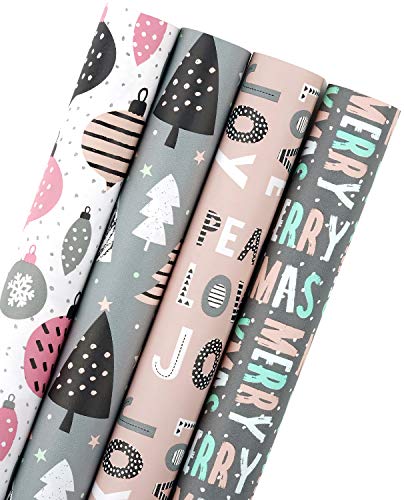 WRAPAHOLIC Christmas Kraft Wrapping Paper Roll - Pink and Grey Christmas Set for Holiday, Party Deco - 4 Rolls - 30 Inch X 120 Inch Per Roll