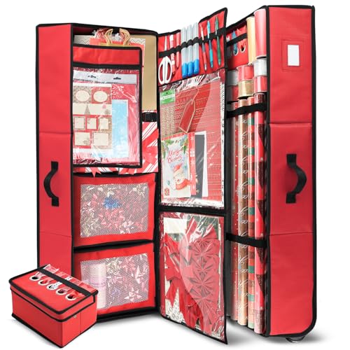 Image of Hearth & Harbor Wrapping Paper Storage Container with Ribbon Dispenser and Interior Pockets - Large Christmas Storage Containers with Wheels, Fits 30 Rolls of 40 inch Length, Red