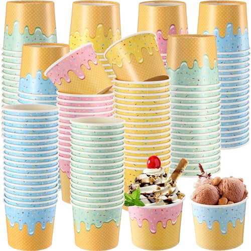 Image of 200 Pcs 6 oz Ice Cream Cups Paper Disposable Dessert Bowls Paper Ice Cream Sundae Bowls Bulk Dessert Cups Yogurt Snack Soup Containers for Cold or Hot Food Summer Birthday Party Supplies