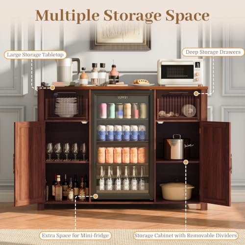 Image of 53 inch Long Fluted Mini Fridge Cabinet with Power Outlet & 2 Drawers, Walnut | Coffee Bar Cabinet with Fridge Space, Modern Wine, Snack Bar, Buffet Cabinet with Door Storage for Living Room, Kitchen, Home