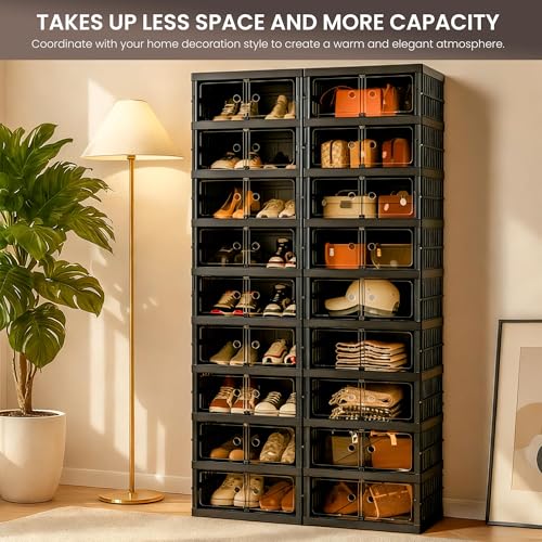 Image of Foldable Shoe Organizer Storage Box Set of 4, Portable Extra Large Folding Shoe Rack for Closet, Shoe Storage Box with Magnetic Transparent Door and Wheels, 9 Layers 18 Grids