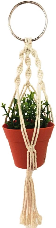 Macrame Plant Hanger Car Charm,Mini Car Rear View Plant Holder with Pot and Plant,Car Ornament Air Plant Holder - Hanging Planter Cotton Rope 13 Inch