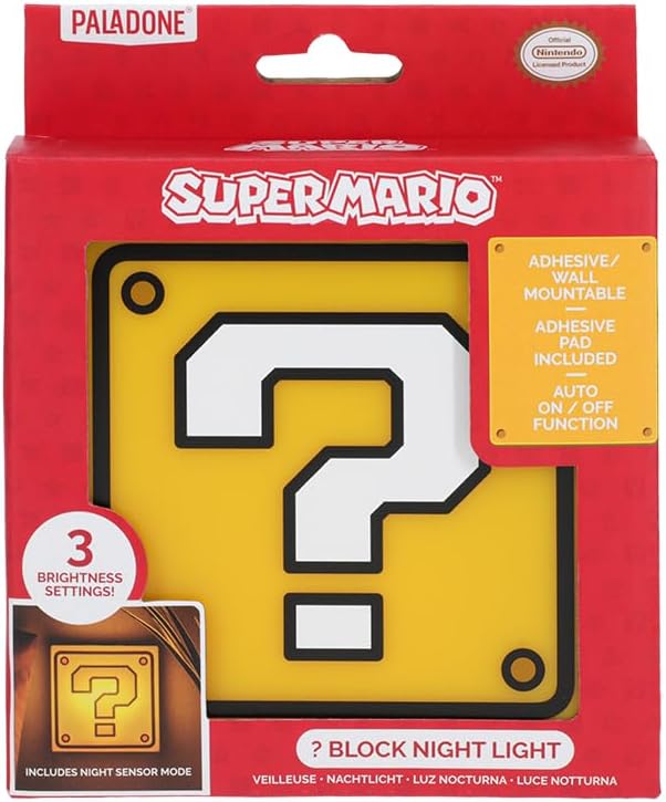 Miniatura 6 de Paladone Super Mario - Luz nocturna con bloque de preguntas, sensor nocturno automático y portátil con adhesivo de pared, lámpara Nintendo Box con