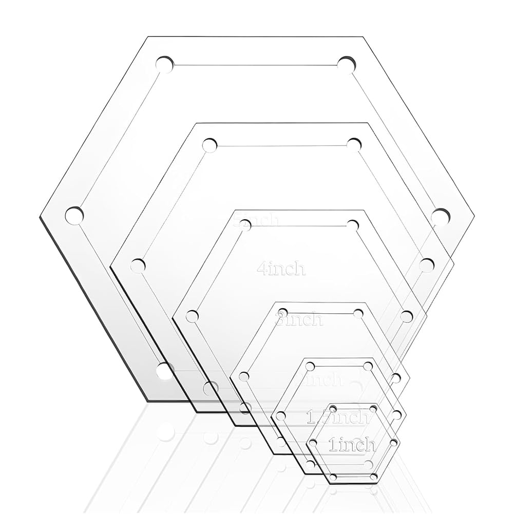 CTRLZS Quiltting Template Set- 6 PCS Acrylic Hexagon, 1" to 5" Sizes with 1/4 Inch Seam Allowance for Crafting