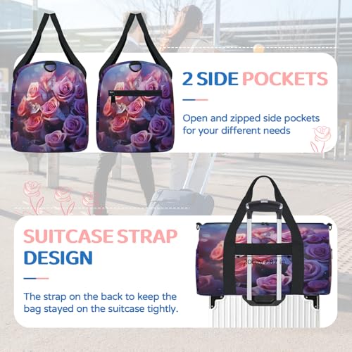 Floral Rose Pattern Sports Duffle Bag for Women Men Waterproof Overnight Weekender Bag with Adjustable Strap Travel Tote Bags for Beach Yoga Work Dance Swim4