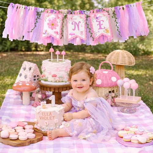 Image of Kriyokiaa Fairy First Birthday High Chair Banner One High Chair Banner Girl Photo Backdrop Fairy First Birthday Decorations for Girl Wall Hanging Decorations for Kids Bedroom