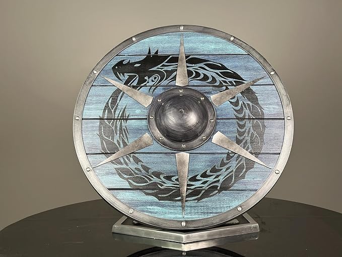 Bouclier dragon | Bouclier viking authentique en bois porté par la mythologie nordique Valhalla | Bouclier guerrier médiéval bleu/noir