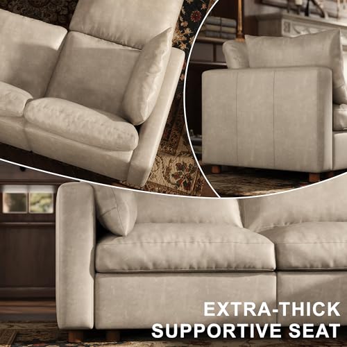 Image of 128'' Faux Leather Modular Sectional Sofa Bed Sleeper with Storage, Oversized Mid Century Modern Leather Sectional Couche for Living Room, 6 Seater Deep Seat Couch with 2 Storage Ottoman, Beige
