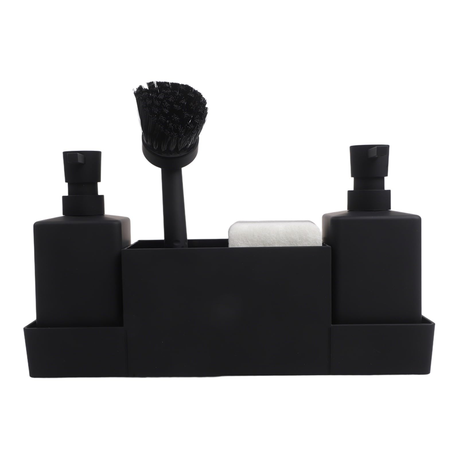 Organizador de fregadero con soporte para esponja y doble dispensador práctico