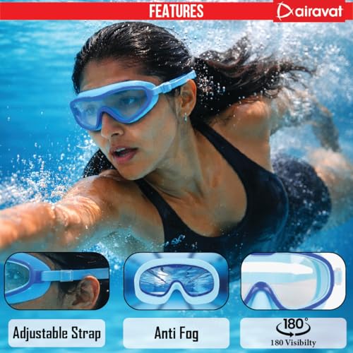 Image of AIRAVAT Shore swimming goggles, polycarbonate goggles, No Leaking Anti-Fog Pool Goggles for Adult Men Women Youth, UV Protection, 180 Clear Vision, Free size (Blue Combo)