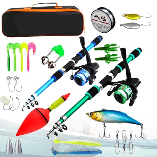 Angelset für Kinder, 2 Stück Angelrute Set Kinder mit Angelschnurrolle und Köder Set, 1.8m Teleskop Angelrute, Kinderangel Starter Set mit Tasche, Tragbare Kinder Angelset, Angel Zubehör für Anfänger