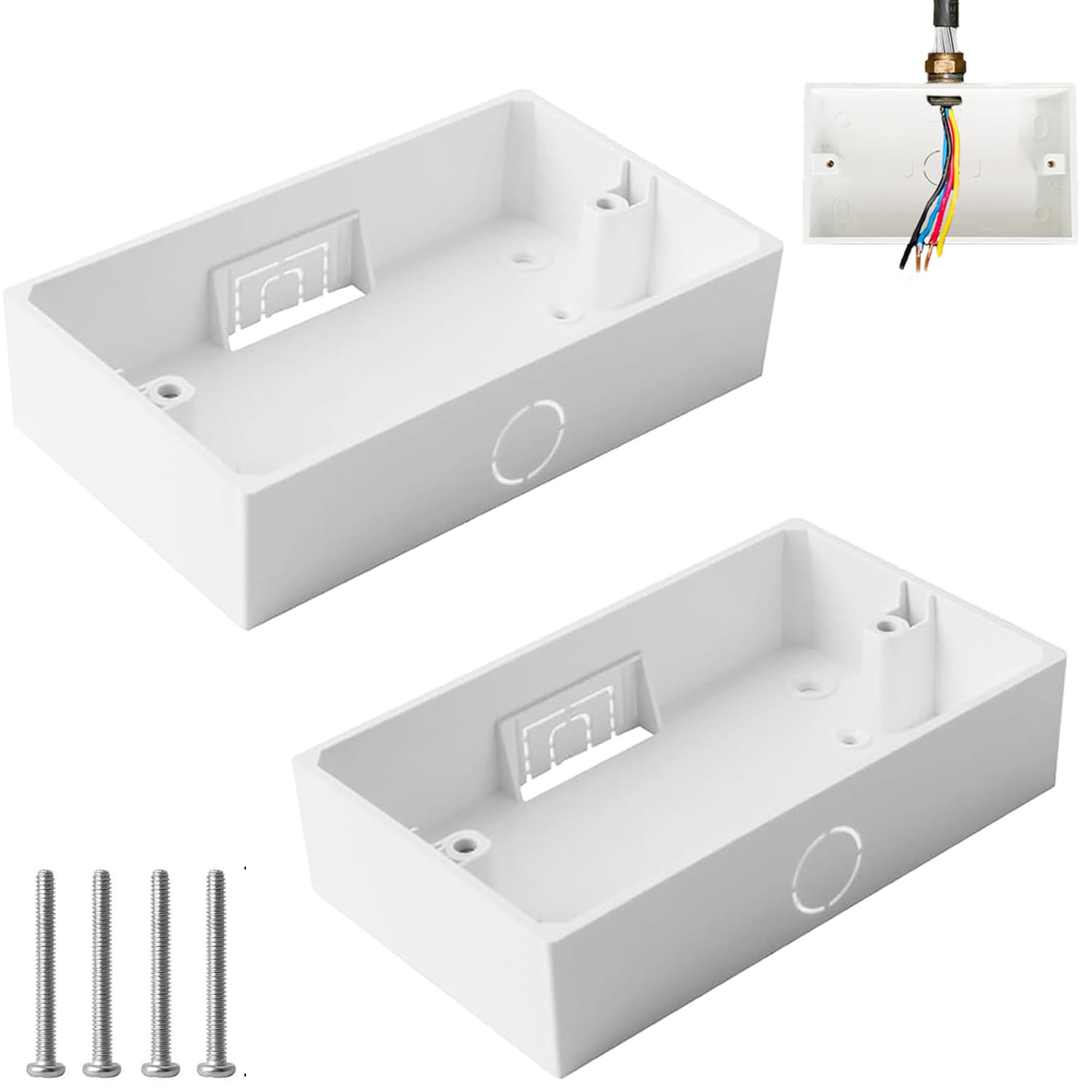 Wjelet 2Pcs Double Socket Back Box, 147 × 86 × 35 mm Double Gang, PVC Surface Back Box with Knockouts, Electrical Mounting Box for Light Switches & Plug Sockets, With 4 Screws