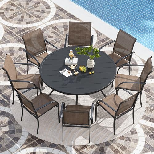 Vicllax Outdoor Patio Dining Table For 8, Φ54 Round Metal Slatted Tabletop With Storage Shelf & Umbrella Hole For Patio Lawn Deck Backyard thumb #1