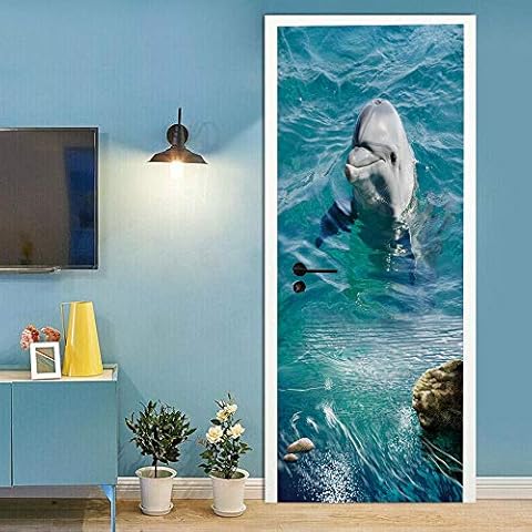 Teqoasiy Ocean Door Stickers for Interior Doors Bathroom 36inch x 83inch Animal Dolphin Door Stickers Cover