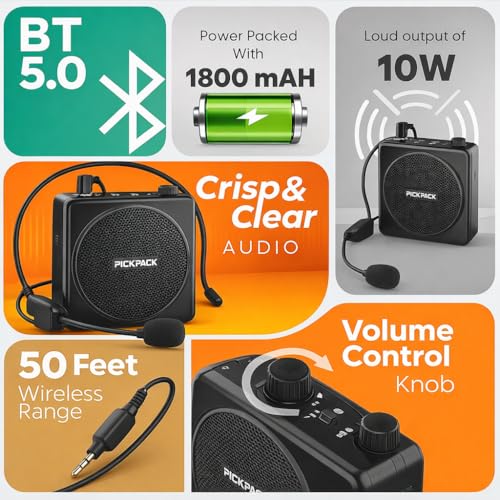 Image of Primate Voice Amplifier for Teachers with Wired Headset Mic, 10W Portable Speaker, Bluetooth 5.3, 12H Battery Backup, Lightweight Mic for Classroom Teaching, Tour Guides, Yoga Trainers & Presentations