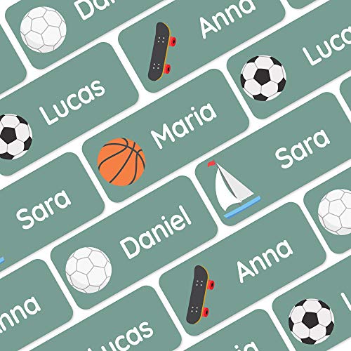 Klebekerlchen® Namensaufkleber für Kinder (60 Stück), Kleidung & Gegenstände Namensschilder personalisiert und waschmaschinenfest, Schule und Kindergarten - Sport - Grün