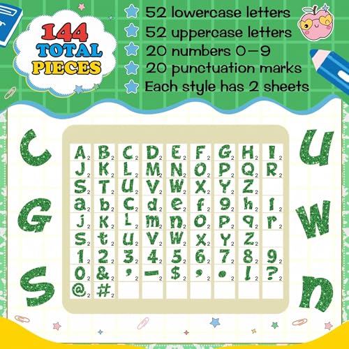 Image of Colarr 144 Pcs Glitter Bulletin Board Letters for Classroom Alphabet Punctuation Symbol Cutout Die-Cut Poster Letter with Adhesive Dot School Party Holiday Decor Display (Green,4 Inch)