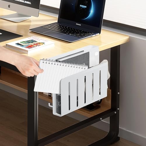 Image of Desk Side Storage - Organize Your Home Office Essentials with this Under Desk Laptop Mount and Hanging Desk Organizer (White)