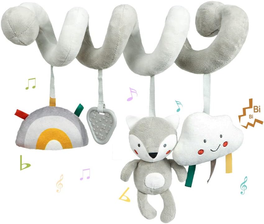 Blublu Park Spiral Pram Hanging Toys for Babies, Activity Spiral Plush Hanging Wrap Around Pram Pushchair Stroller Toys, Sensory Early Education Toy for Toddler Infant, Grey Fox