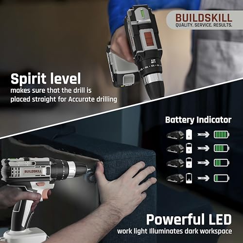 Image of BUILDSKILL 21V Cordless Drill Machine for Home Use | Impact Drill with 10MM Keyless Chuck | 1.5 Ah Single Battery | Charger | Variable Speed | LED Light | Forward & Reverse Motion | 6 Months Warranty