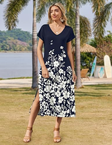 Image of Zeagoo Women Summer Floral Dress Short Sleeve Beach Dress with Pockets Casual V-Neck Split Long T-Shirt Dress Travel Vacation