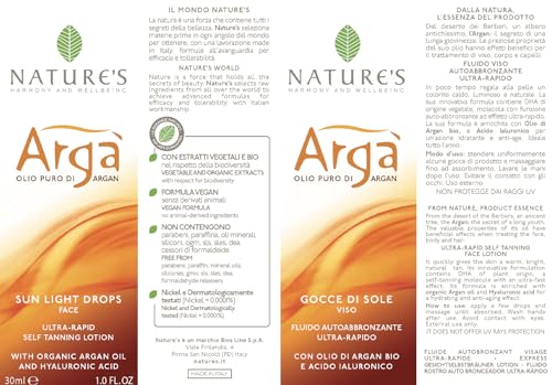 NATURE’S Argà Sonnenöl Flüssigkeit Sonnentropfen, selbstbräunendes Gesichtsöl, hell, natürlich, schnell wirkend, intensiv und lang anhaltend, 30 ml