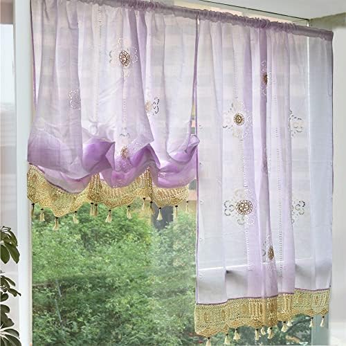 FADFAY Light Purple Embroidered Curtains for Living Room Balloon Curtain with Tassels Floral Window Drapes for Girls Stylish Single Layer Room Darkening Curtains for Bedroom (57" W, 69" H)