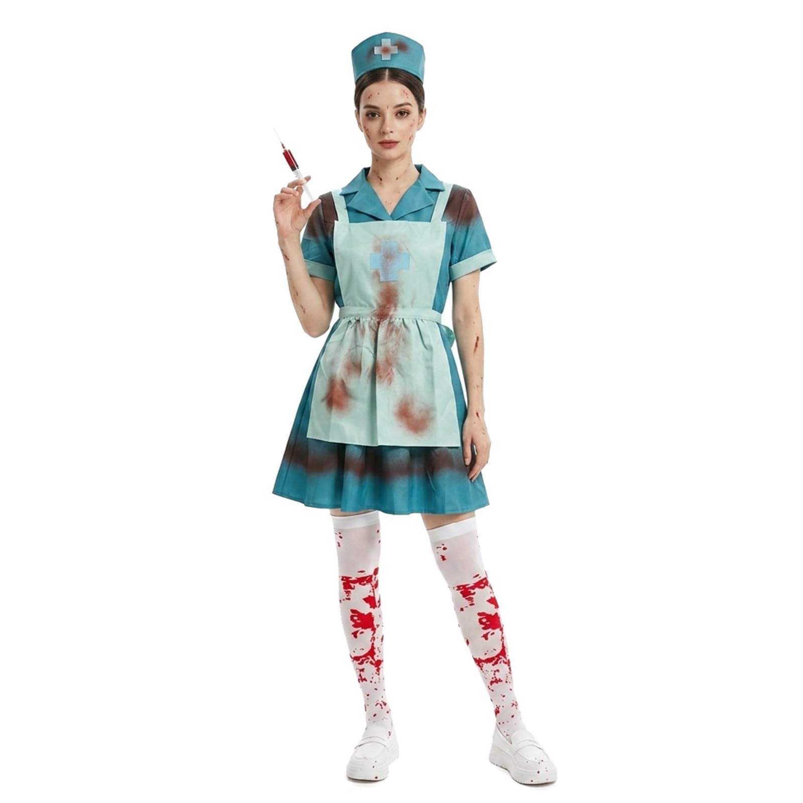 Zombie Nurse Dress Halloween Costume with Cap Horror Medical Outfit for Women, Bloody Fancy Dress Set for Parties & Stage Shows Scary Cosplay Ensemble Halloween Costume Womens
