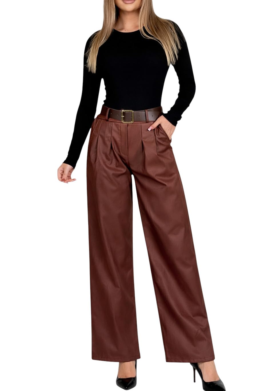 Mississhop Pantalon pour femme en cuir synthétique avec ceinture