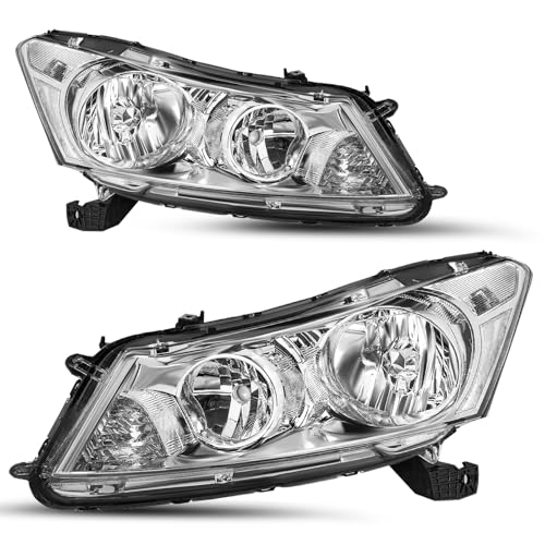 SOCKIR Headlight Assembly Pair Fit for 2008-2012 Honda Accord Sedan 4-Door Front Halogen Headlamp Chrome Housing with Clear Reflector Right Passenger and Left Driver Side