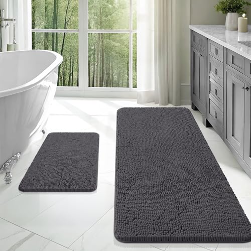 Image of OLANLY Bathroom Rugs Sets 2 Piece, Soft Absorbent Chenille Bath Mats Area Rug Set, Non-Slip, Quick Dry, Machine Washable Bath Mats for Bathroom, Home Decor Accessories (47 inchx20 inch+24 inchx16 inch, Dark Grey)