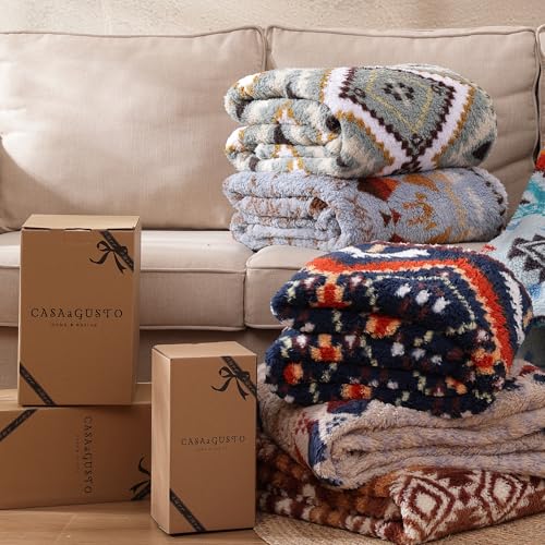 CASAAGUSTO Boho Sherpa Throw Blanket, Aztec Queen Blanket, Ultra Soft, Warm, Cozy, Plush, Thick Fleece Bohemian Throw Blanket for Couch, Bed, Sofa (Olive Green 90 * 90 Inch)