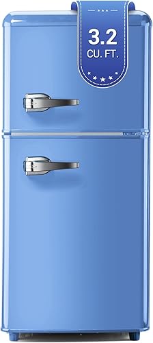 Retro Mini Fridge with Freezer, 3.2 Cu. Ft. Small Retro Refrigerator with Freezer 7-Level Adjustable Thermostat, Compact 2-Door Vintage Fridge