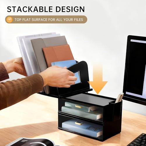 Image of CiWiVOKi Desk Organizer with 4 File Slots and 2 Drawers, Black | File organizer with dual pen holders and storage compartments for mail, documents and office supplies