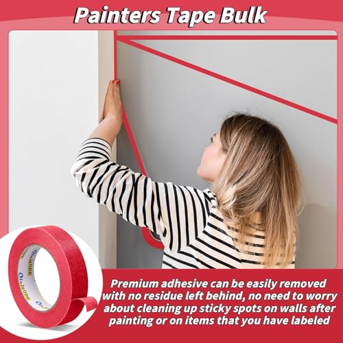 Image of 24 Rolls Red Painters Tape Bulk 1 inch x 55 Yards, Total 1320 Yd, Painters Masking Tape No Residue Wall Painting Tape Artist Tape Trim Edge Finishing Tape for Wall Painting Decoration DIY Supplies