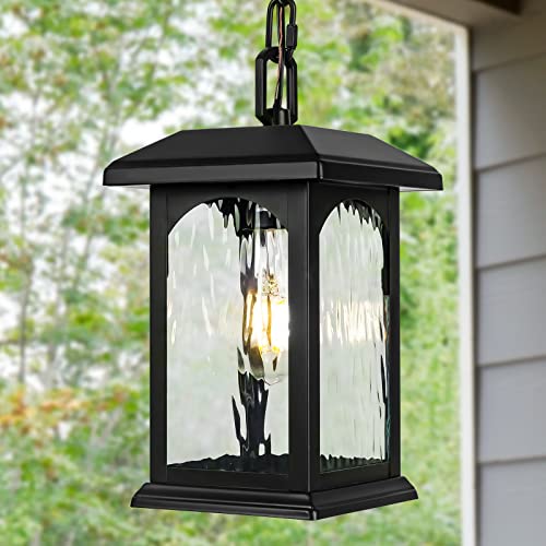 Outdoor Pendant Light Fixture, Adjustable Exterior Chandelier, Black Hanging Light, Porch Light With Temperate Rippled Glass, Modern Outside Hanging Lantern For Front Door, Gazebo, Patio, Anti-Rust #TOP7